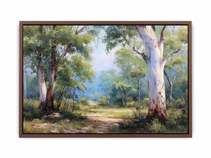 Australian eucalyptus forest canvas art with soft woodland path for calm living room decor.