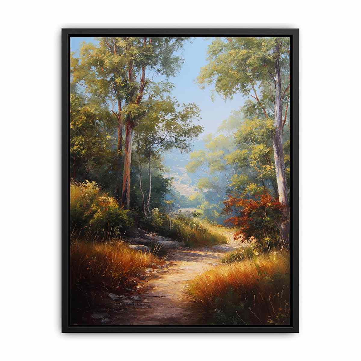Warm Australian bushland canvas art with winding path and tall trees for living room decor.