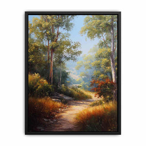 Warm Australian bushland canvas art with winding path and tall trees for living room decor.