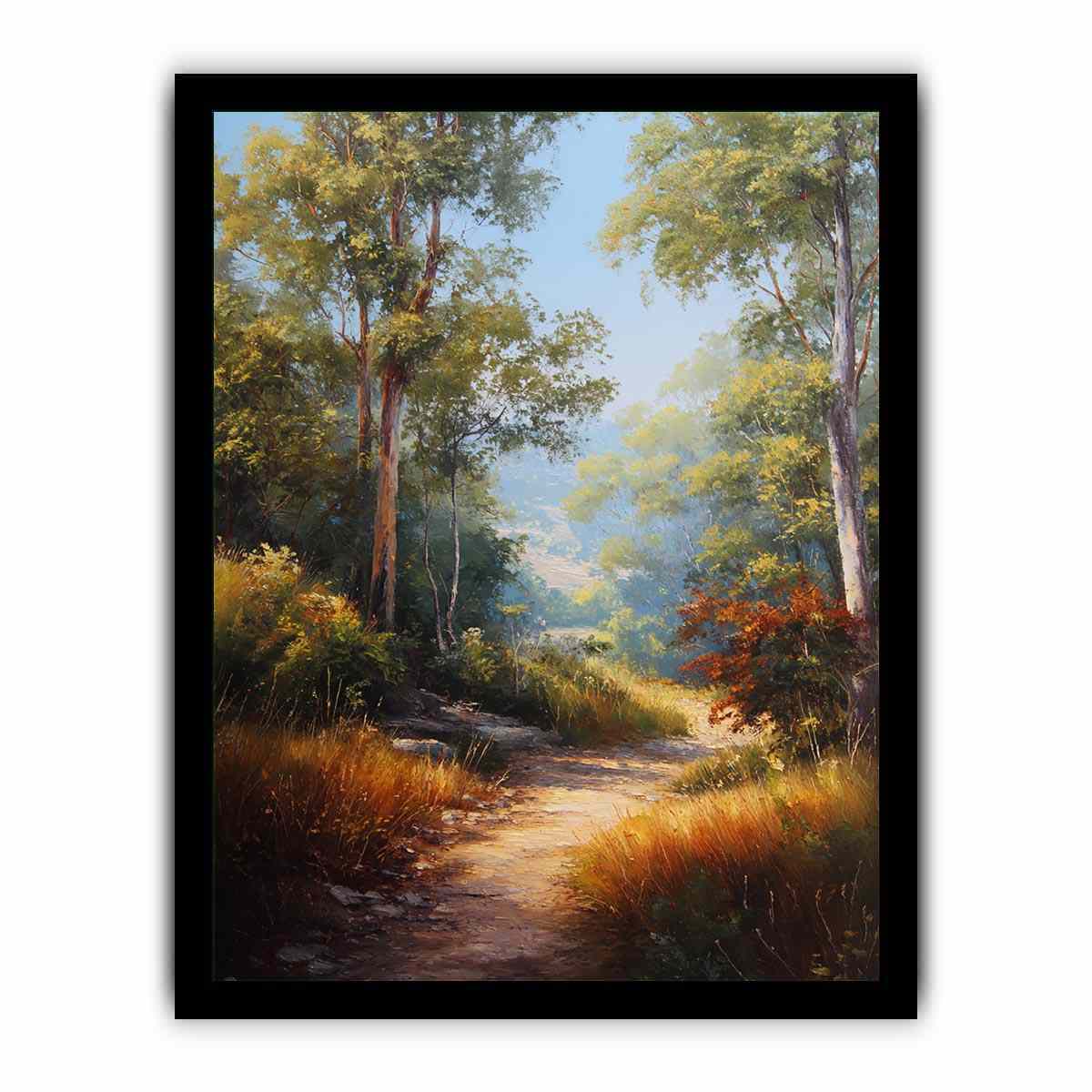 Warm Australian bushland canvas art with winding path and tall trees for living room decor.