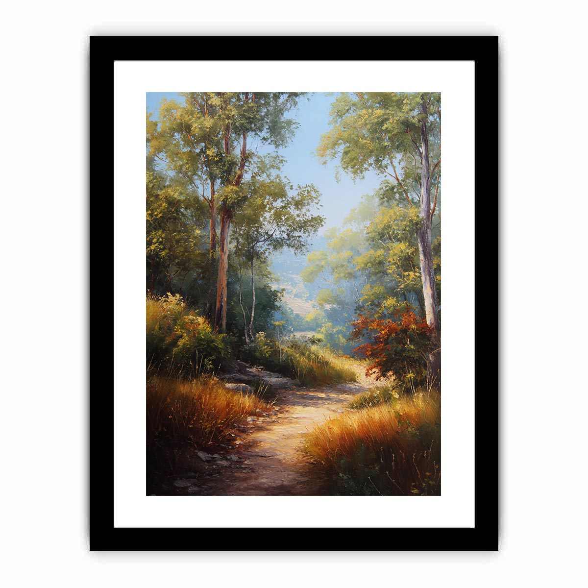 Warm Australian bushland canvas art with winding path and tall trees for living room decor.