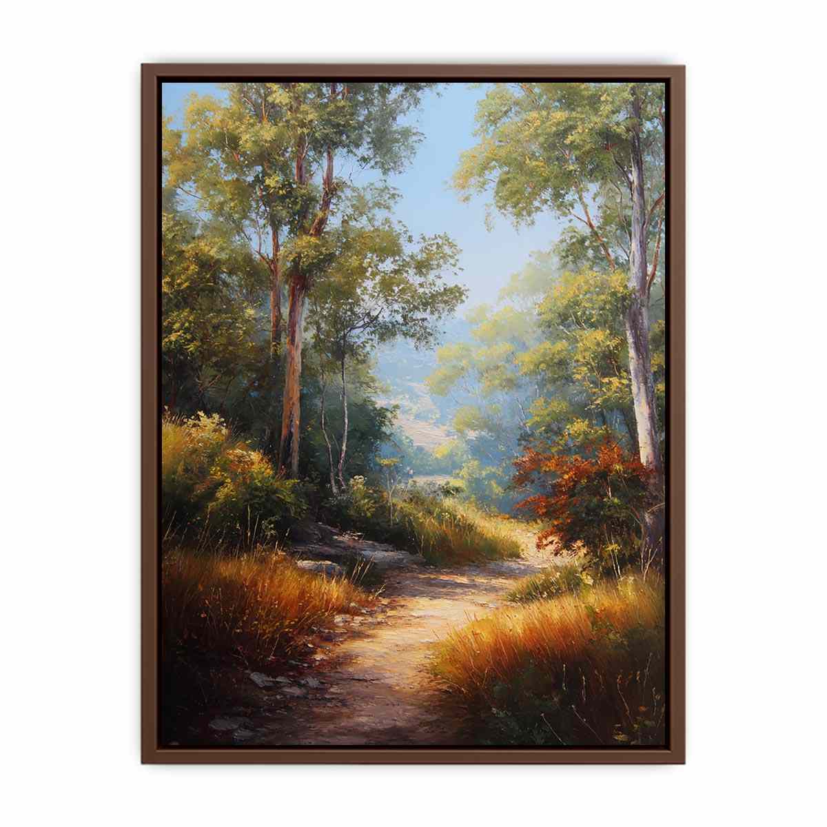 Warm Australian bushland canvas art with winding path and tall trees for living room decor.