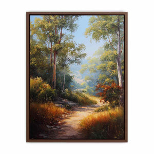 Warm Australian bushland canvas art with winding path and tall trees for living room decor.