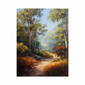Warm Australian bushland canvas art with winding path and tall trees for living room decor.