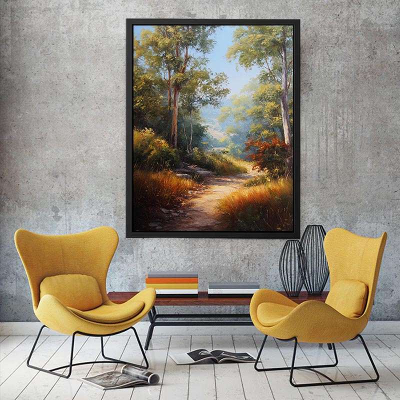 Warm Australian bushland canvas art with winding path and tall trees for living room decor.