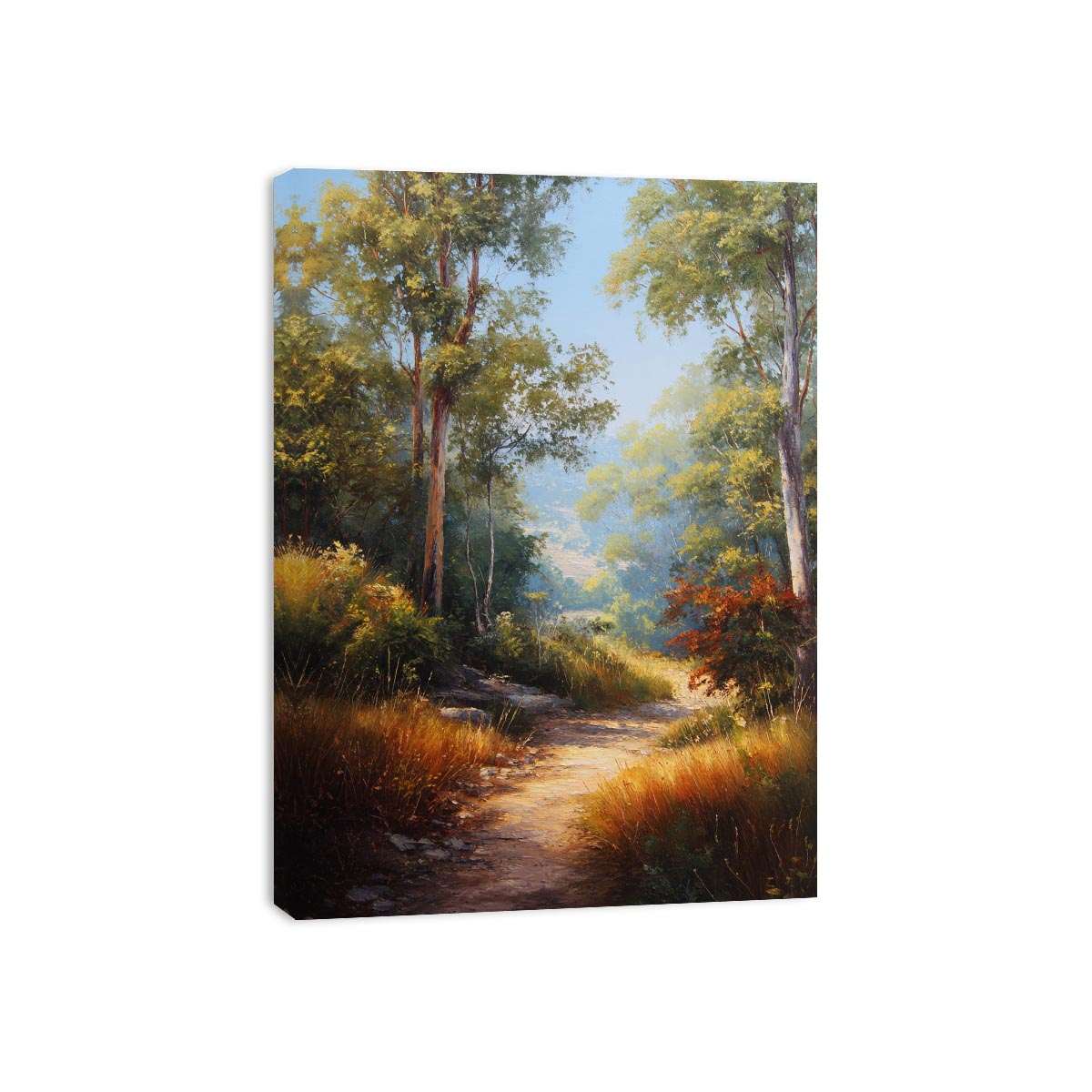 Warm Australian bushland canvas art with winding path and tall trees for living room decor.