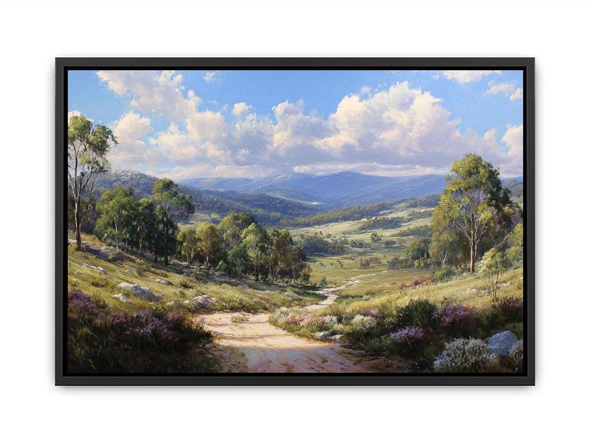 Australian mountain valley canvas art with trees, wildflowers and sunlit track for living room decor.