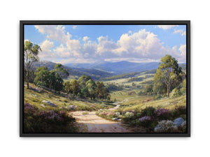 Australian mountain valley canvas art with trees, wildflowers and sunlit track for living room decor.