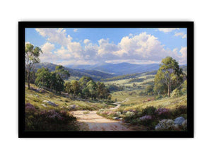 Australian mountain valley canvas art with trees, wildflowers and sunlit track for living room decor.