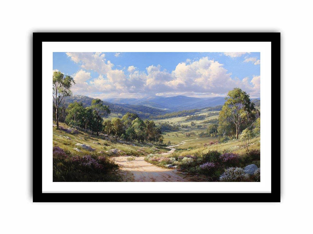 Australian mountain valley canvas art with trees, wildflowers and sunlit track for living room decor.