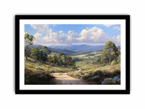 Australian mountain valley canvas art with trees, wildflowers and sunlit track for living room decor.