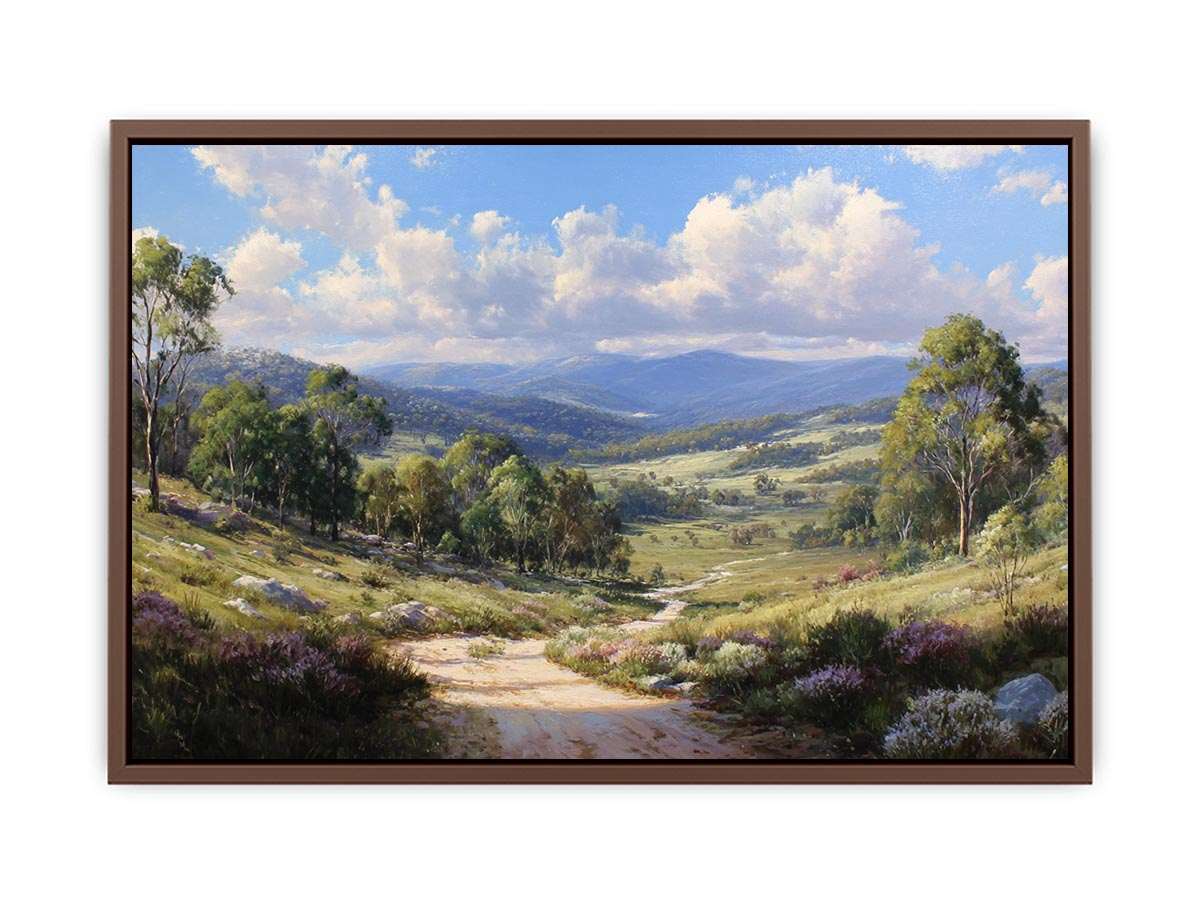 Australian mountain valley canvas art with trees, wildflowers and sunlit track for living room decor.