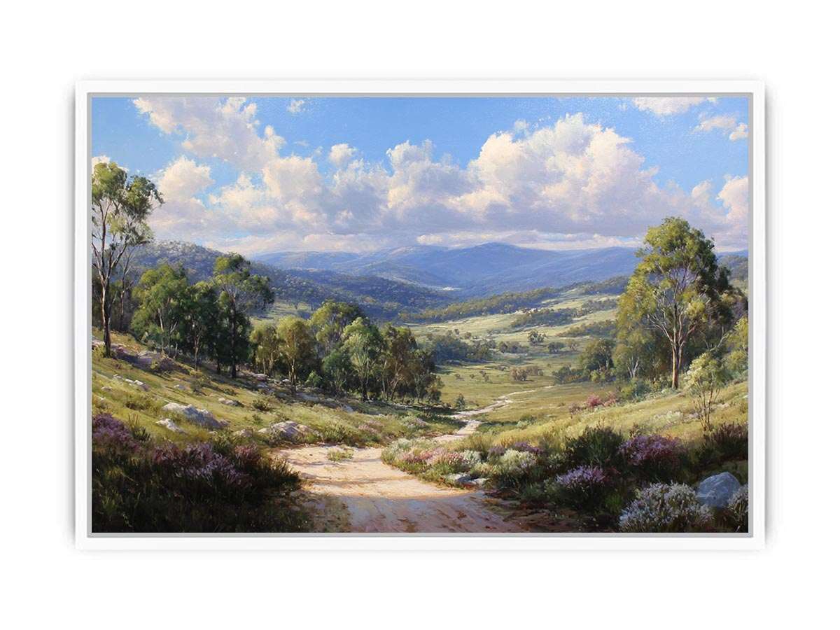 Australian mountain valley canvas art with trees, wildflowers and sunlit track for living room decor.