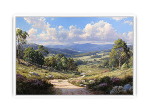Australian mountain valley canvas art with trees, wildflowers and sunlit track for living room decor.