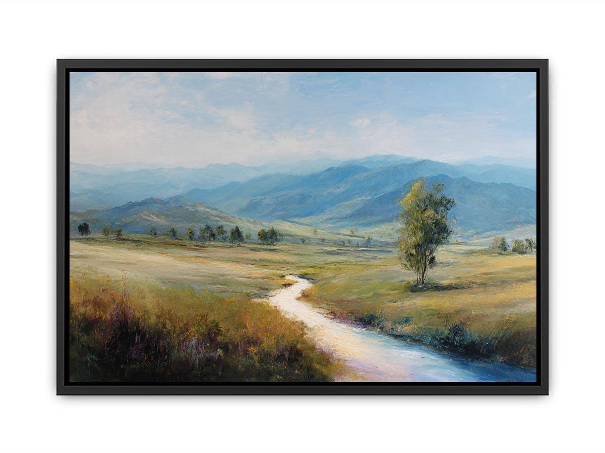 Soft mountain valley canvas art with winding river and solitary tree for calm bedroom decor.