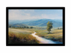 Soft mountain valley canvas art with winding river and solitary tree for calm bedroom decor.