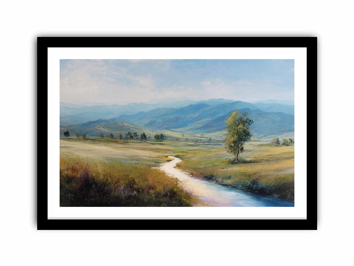 Soft mountain valley canvas art with winding river and solitary tree for calm bedroom decor.