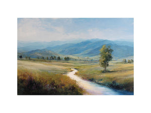 Soft mountain valley canvas art with winding river and solitary tree for calm bedroom decor.