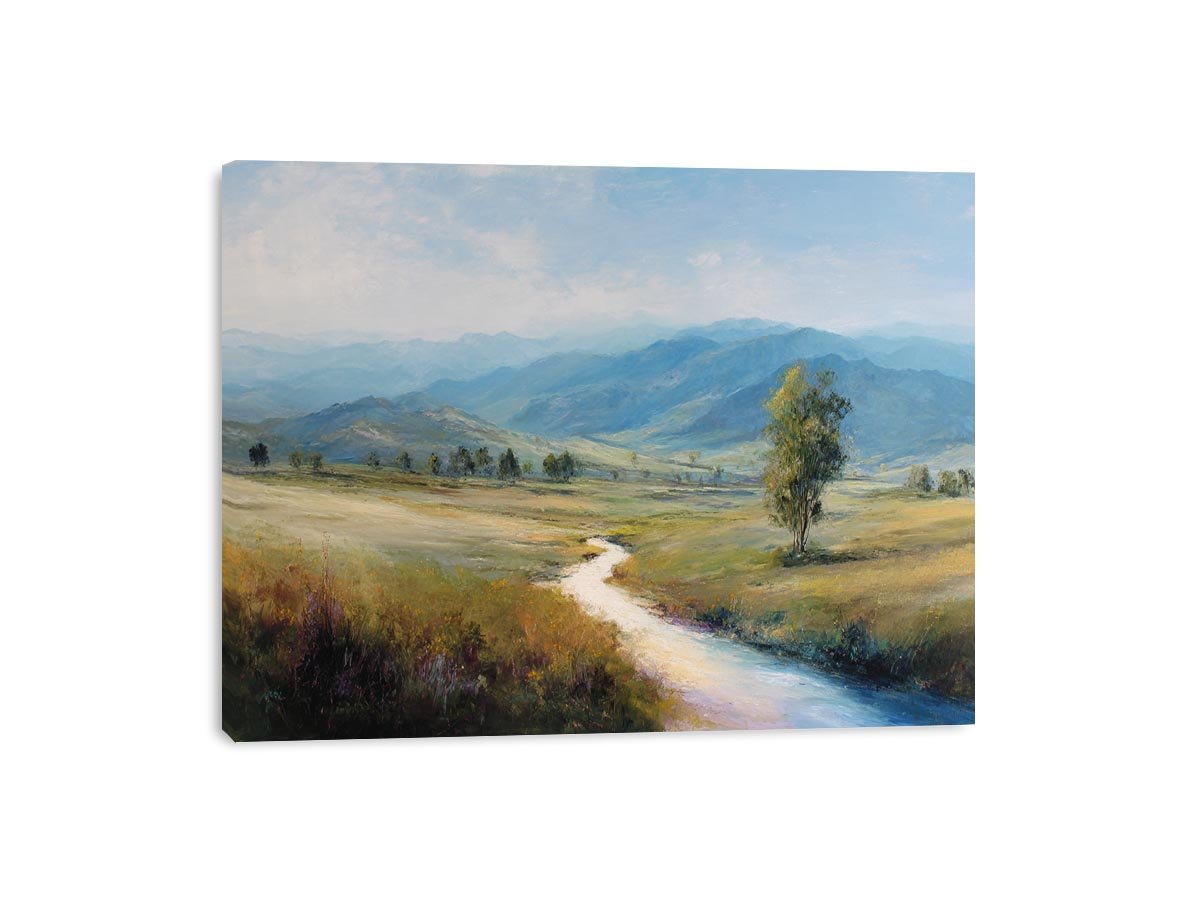 Soft mountain valley canvas art with winding river and solitary tree for calm bedroom decor.