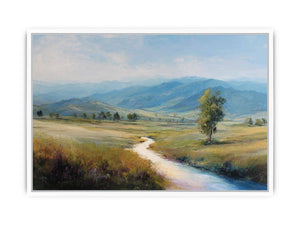 Soft mountain valley canvas art with winding river and solitary tree for calm bedroom decor.