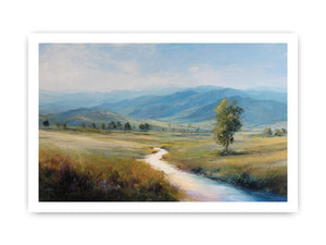 Soft mountain valley canvas art with winding river and solitary tree for calm bedroom decor.