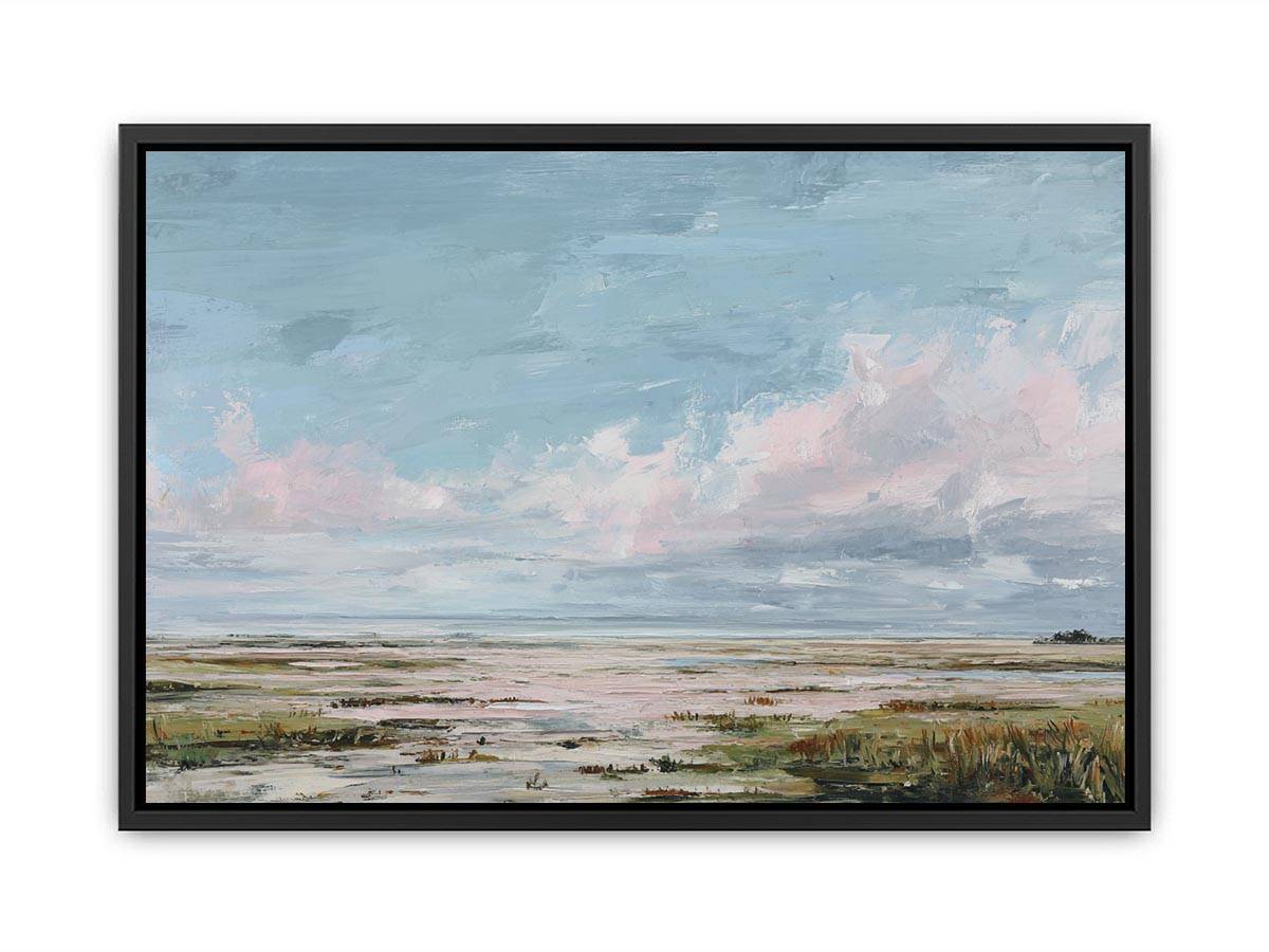 Pastel wetland canvas art with soft clouds, reeds and open water for calm bedroom decor.