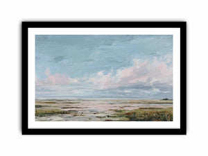 Pastel wetland canvas art with soft clouds, reeds and open water for calm bedroom decor.