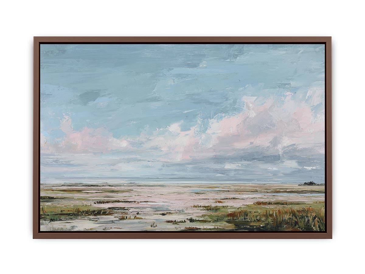 Pastel wetland canvas art with soft clouds, reeds and open water for calm bedroom decor.