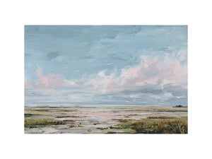 Pastel wetland canvas art with soft clouds, reeds and open water for calm bedroom decor.