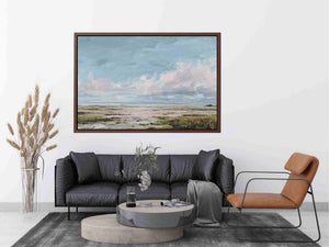 Pastel wetland canvas art with soft clouds, reeds and open water for calm bedroom decor.