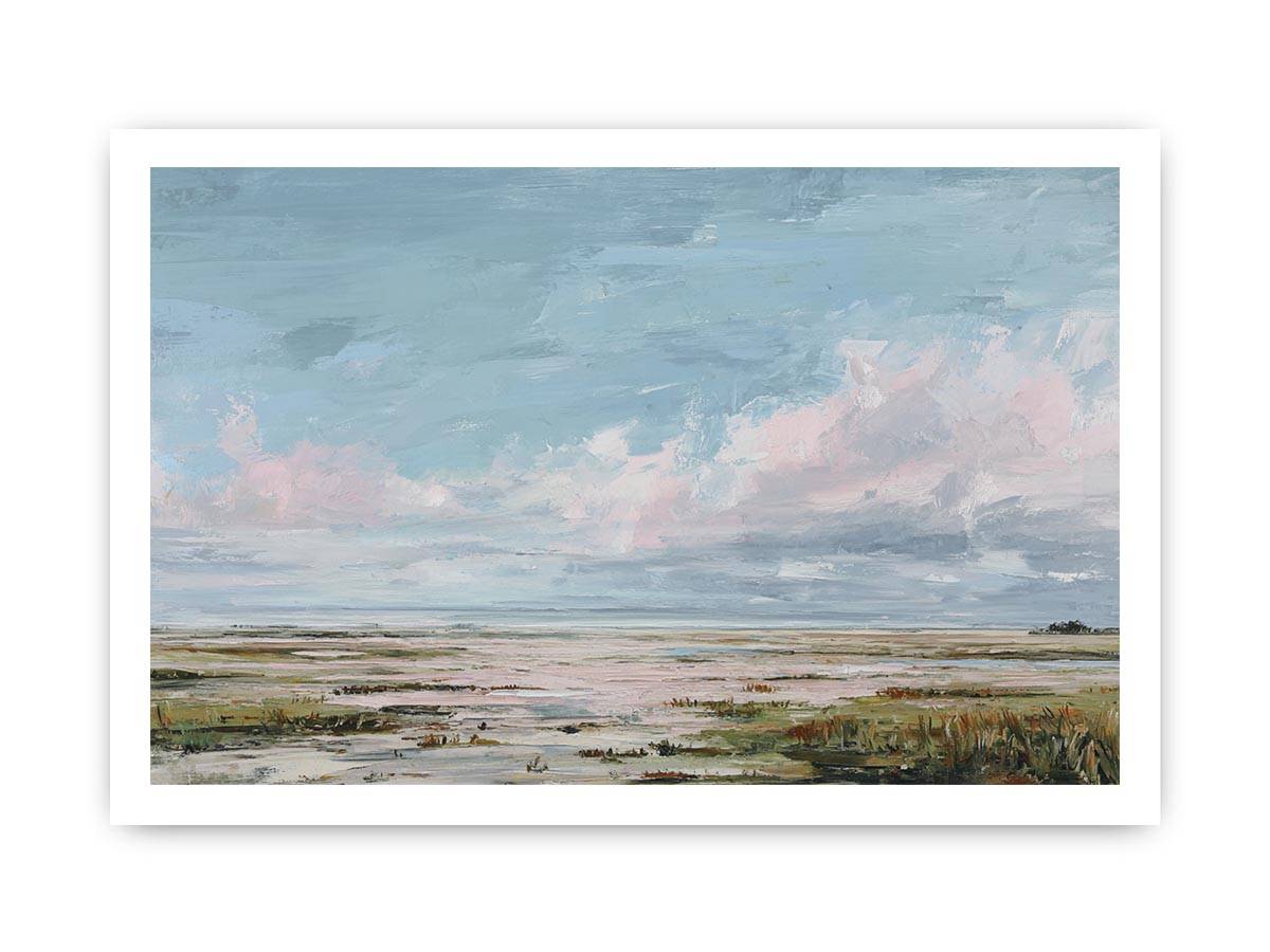 Pastel wetland canvas art with soft clouds, reeds and open water for calm bedroom decor.