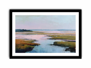 Soft blush estuary canvas art with marsh water and pastel sky for coastal bedroom decor.