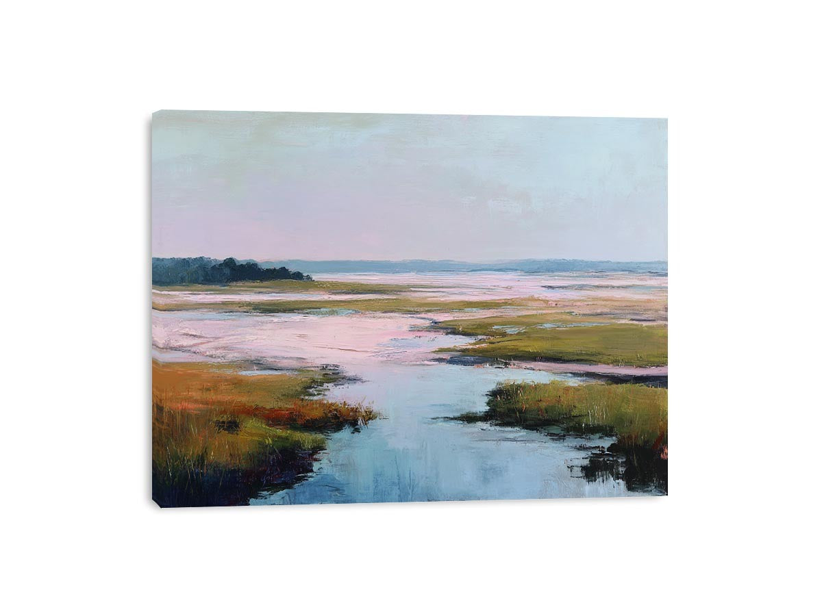 Soft blush estuary canvas art with marsh water and pastel sky for coastal bedroom decor.