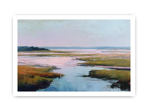 Soft blush estuary canvas art with marsh water and pastel sky for coastal bedroom decor.