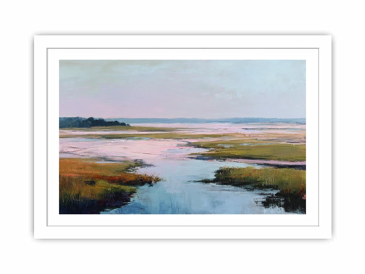 Soft blush estuary canvas art with marsh water and pastel sky for coastal bedroom decor.