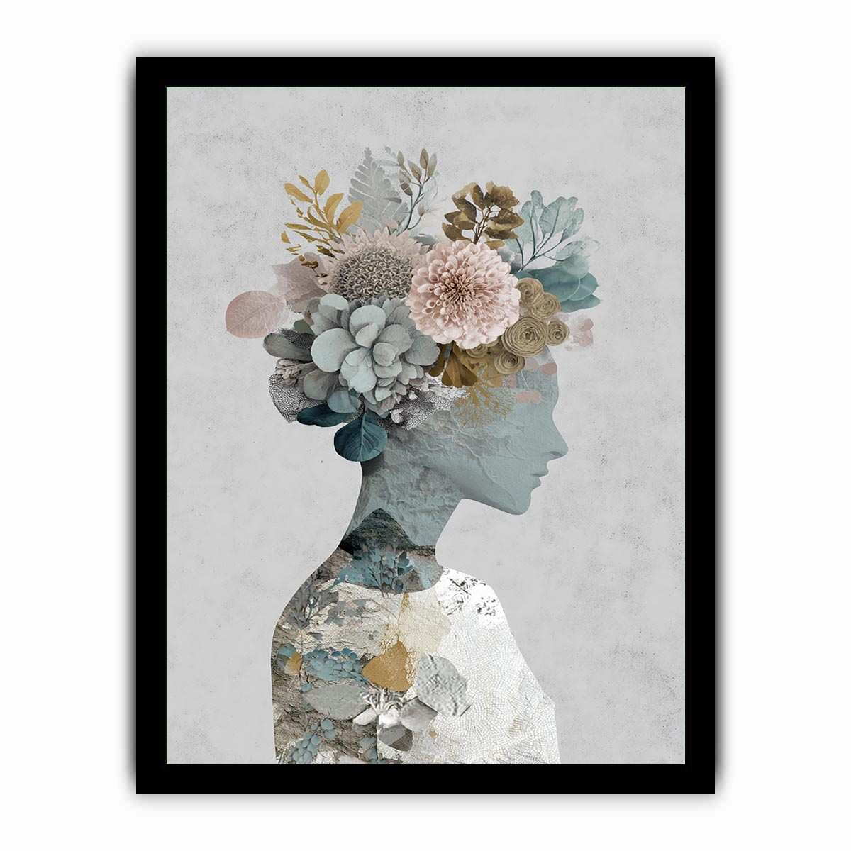 Surreal botanical portrait canvas art with floral silhouette for elegant bedroom decor.