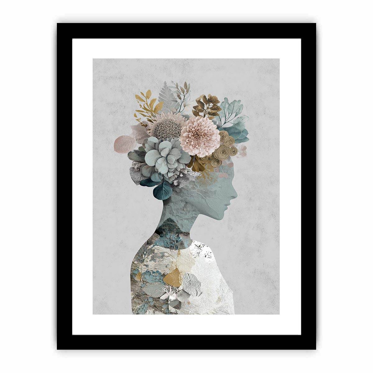 Surreal botanical portrait canvas art with floral silhouette for elegant bedroom decor.