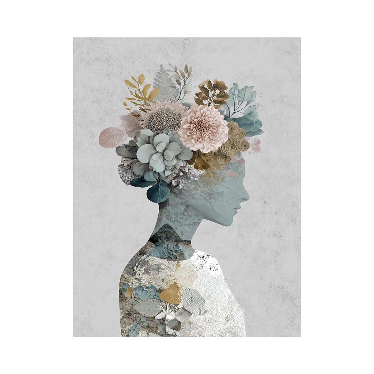 Surreal botanical portrait canvas art with floral silhouette for elegant bedroom decor.