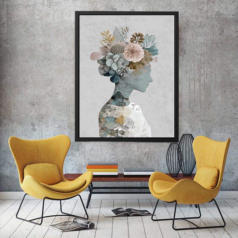 Surreal botanical portrait canvas art with floral silhouette for elegant bedroom decor.