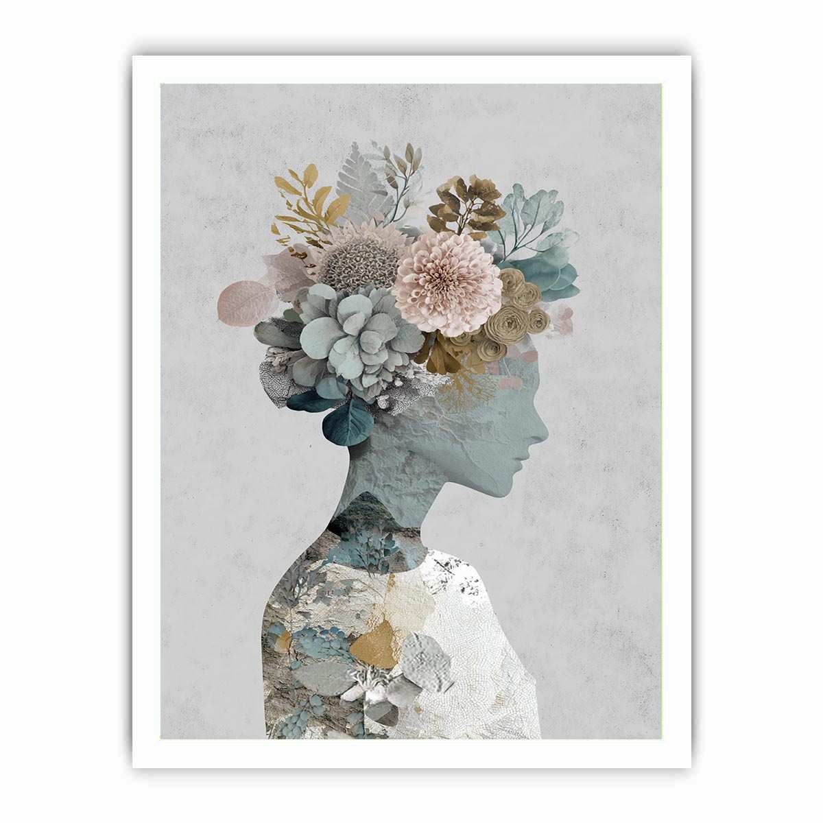 Surreal botanical portrait canvas art with floral silhouette for elegant bedroom decor.