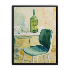 Green bottle still life canvas art with glassware and chair for kitchen or dining room decor.