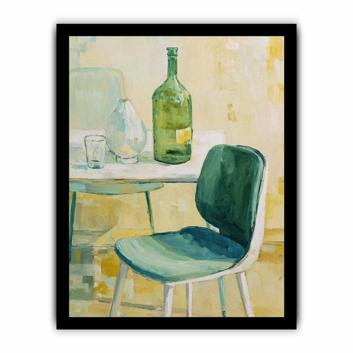Green bottle still life canvas art with glassware and chair for kitchen or dining room decor.