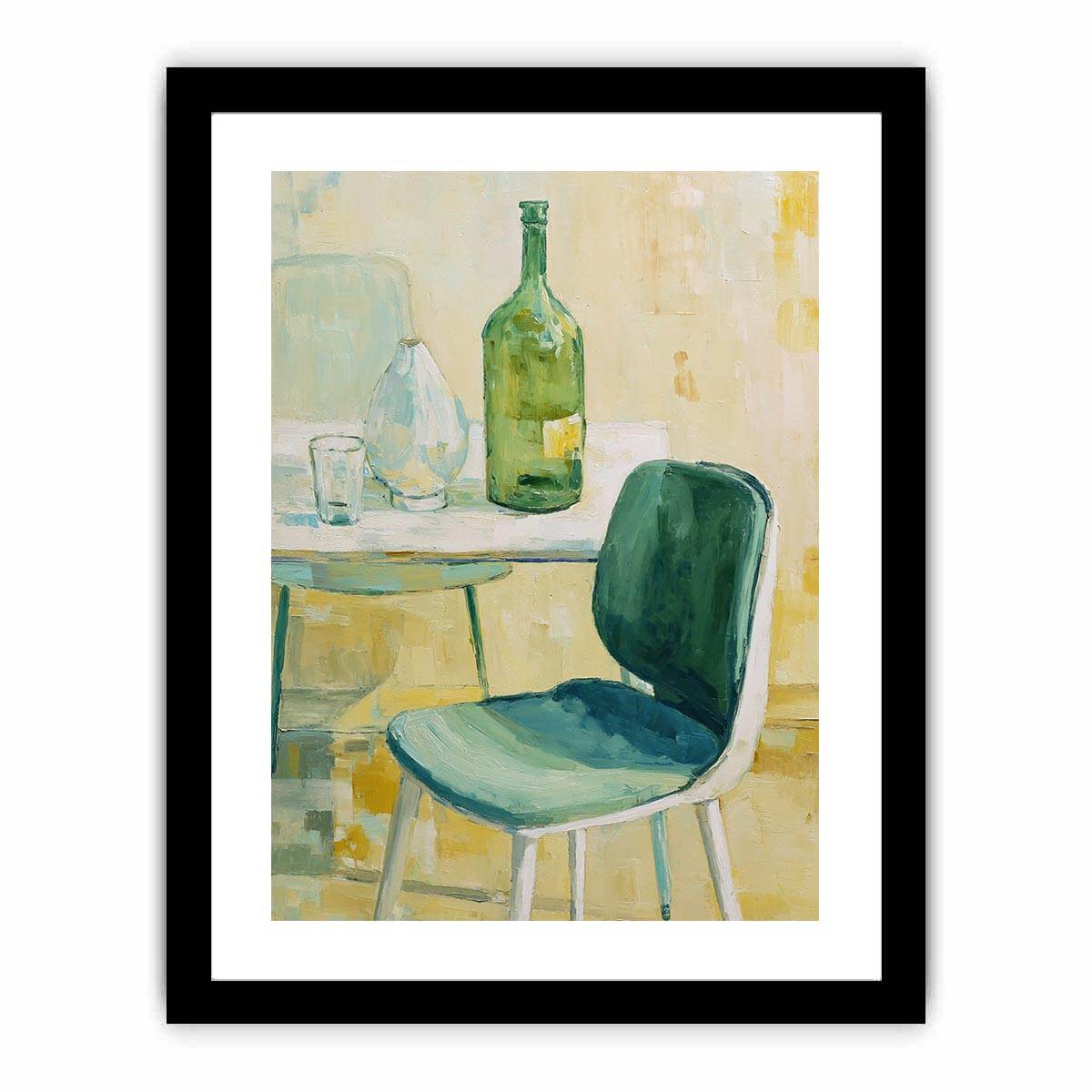 Green bottle still life canvas art with glassware and chair for kitchen or dining room decor.