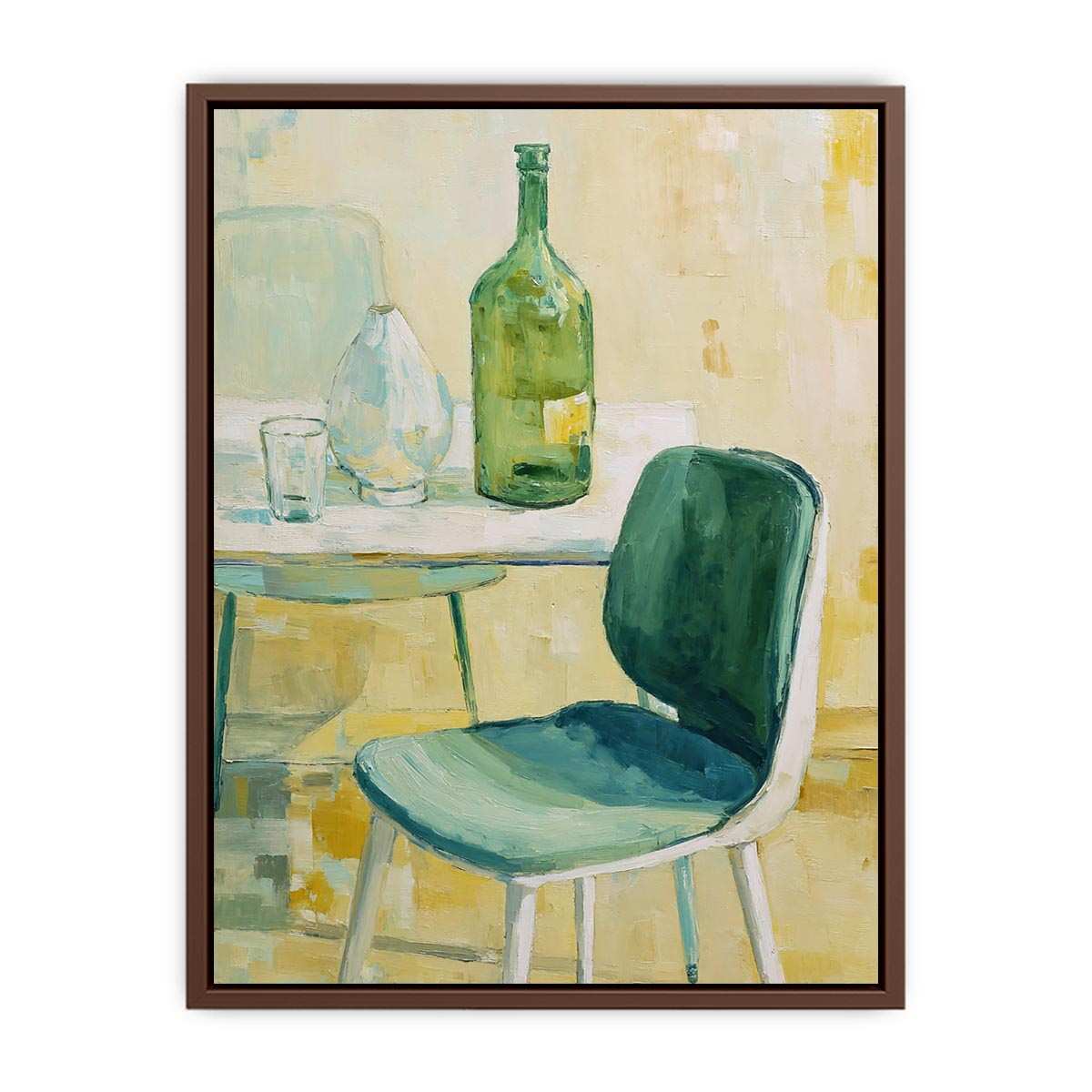 Green bottle still life canvas art with glassware and chair for kitchen or dining room decor.