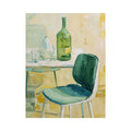 Green bottle still life canvas art with glassware and chair for kitchen or dining room decor.