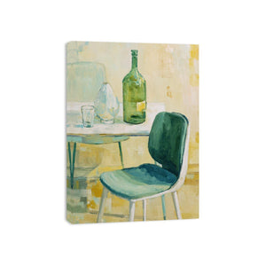 Green bottle still life canvas art with glassware and chair for kitchen or dining room decor.