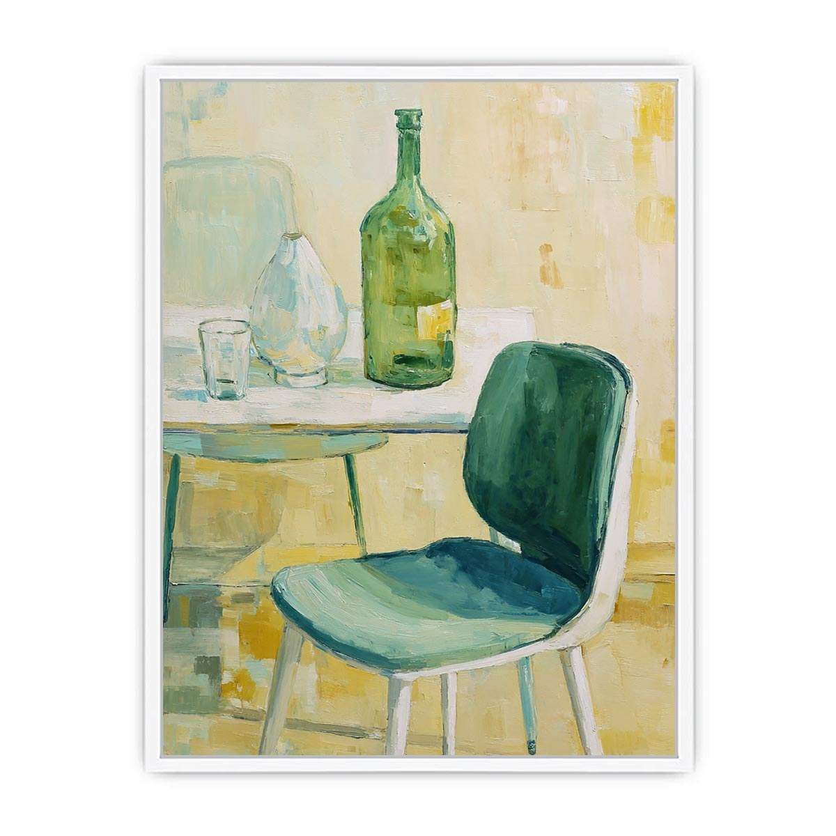Green bottle still life canvas art with glassware and chair for kitchen or dining room decor.