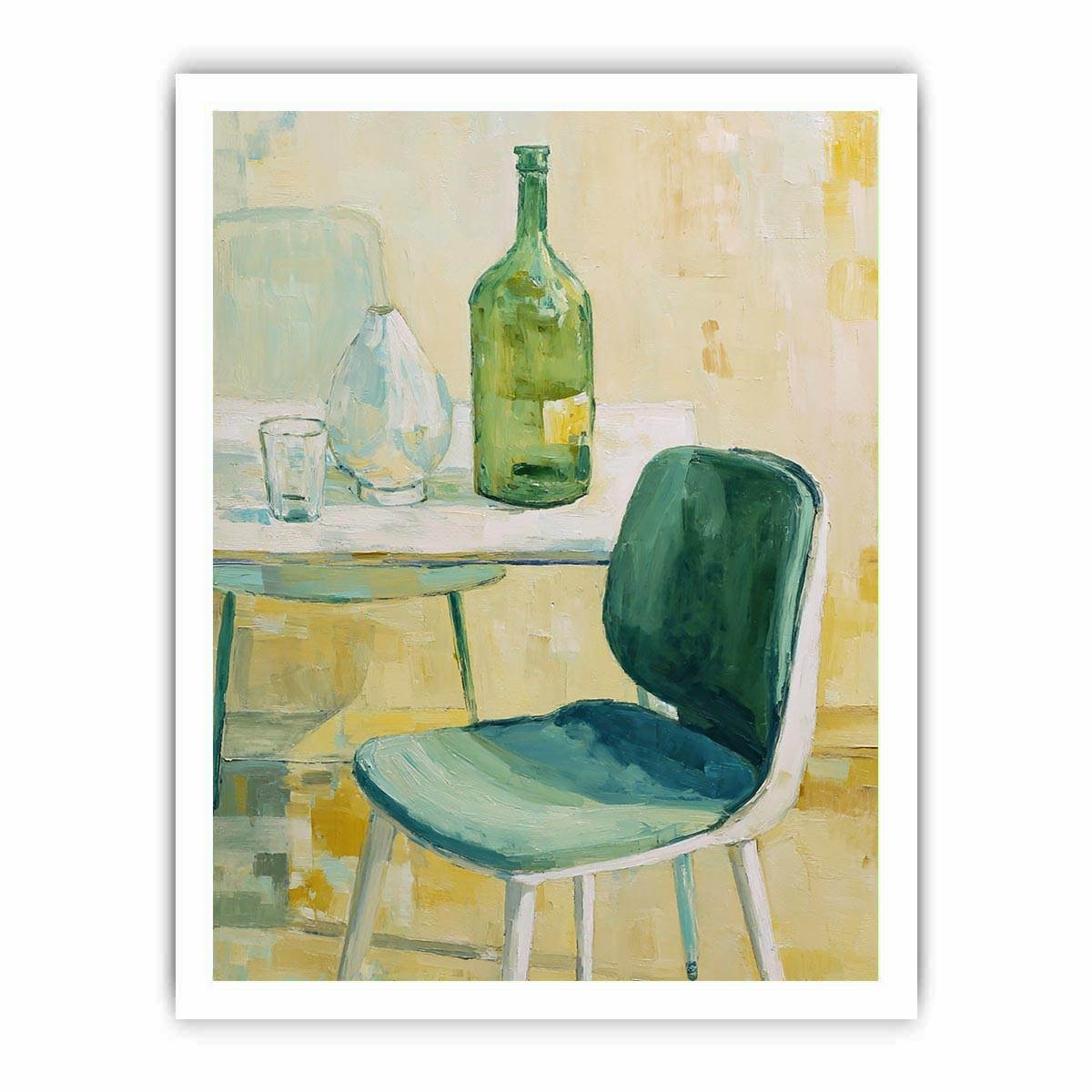 Green bottle still life canvas art with glassware and chair for kitchen or dining room decor.