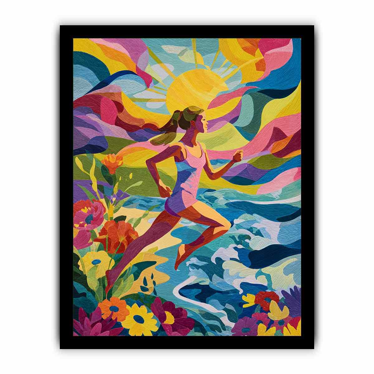 Colourful running woman canvas art with sun, waves and flowers for energetic modern room decor.