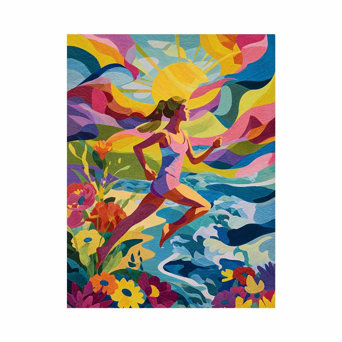 Colourful running woman canvas art with sun, waves and flowers for energetic modern room decor.